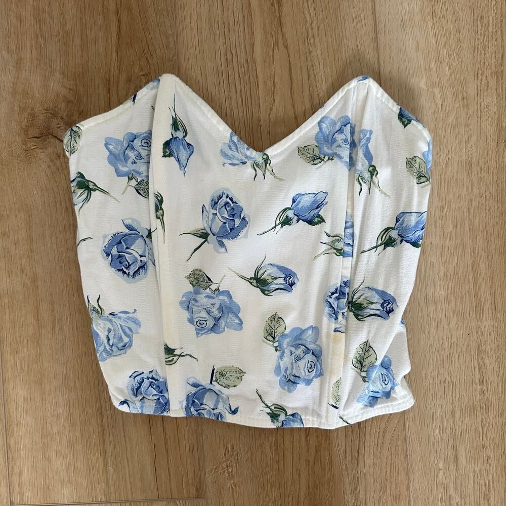 Vintage Fredericks of Hollywood blue rose strapless corset bustier top